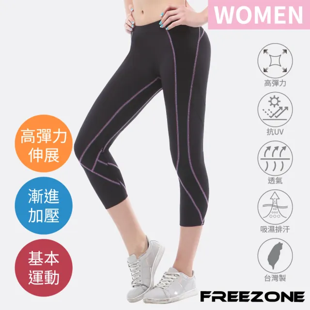【FREEZONE】現貨 多彩配線緊身壓力七分褲 女款-FZ100型(高彈力機能壓縮/日著瑜珈運動/慢跑登山/健身)