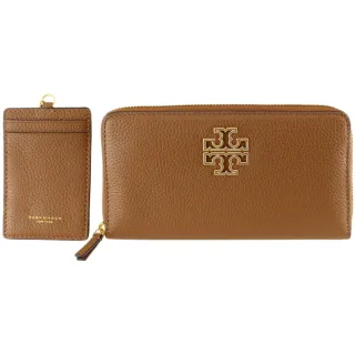 【TORY BURCH】BRITTEN麋鹿棕色皮革大簍空LOGO拉鍊式長夾+證件夾