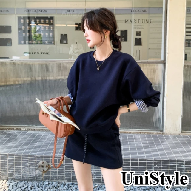 UniStyle 2件套裝拼接長袖T恤純色短裙 韓系空氣層面料歐妮風 女 ZM139-7096(藏青)