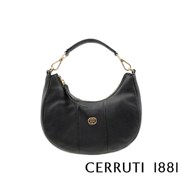 【Cerruti 1881】限量2折 義大利頂級小牛皮半月包馬鞍包肩背包側背包 全新專櫃展示品(黑色 CEBA06584M)