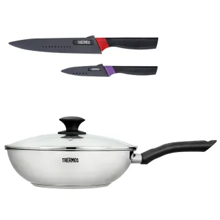 【THERMOS膳魔師】獨家專售_巧膳不鏽鋼含蓋單柄炒鍋28cm+不鏽鋼二入刀具組(LPD-28HB-S+FA-05N)