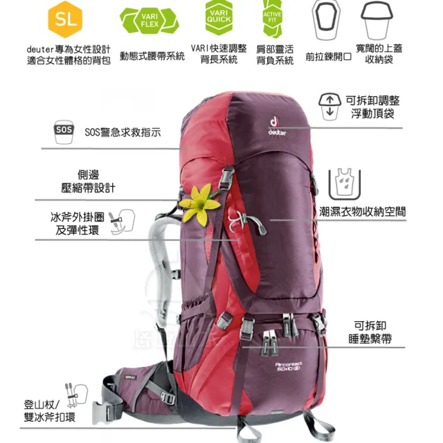 【deuter】女款 Aircontact 60+10 SL 拔熱式透氣背包《紫/紅》3320416/雙肩後背包/登山(悠遊山水+)