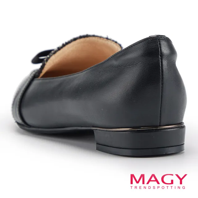 【MAGY】復古毛呢拼接牛皮尖頭樂福平底鞋(黑色)