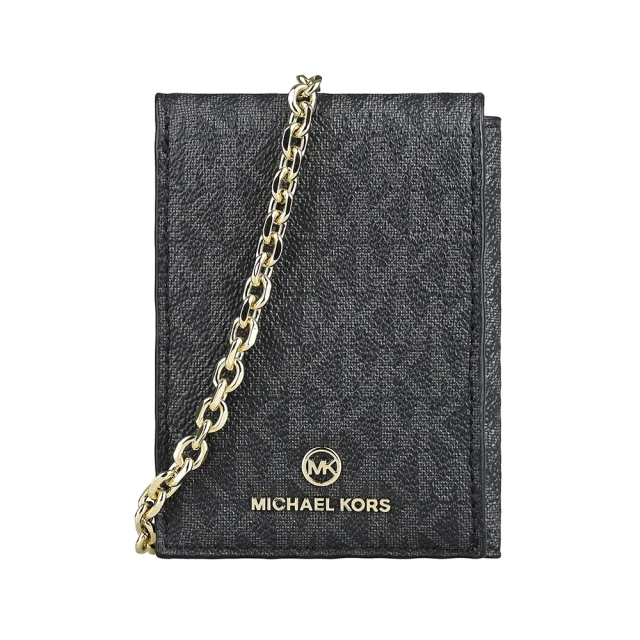 Michael Kors MK MICHAEL KORS Jet Set圓形字母LOGO印花PVC牛皮 6卡三折釦式鏈帶卡夾包(炭黑x黑)