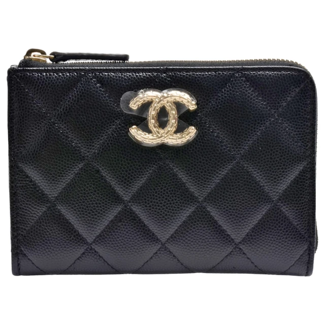 CHANEL 香奈兒 經典金色刻紋雙C LOGO菱格粒紋牛皮L型拉鍊卡夾/零錢包(黑色AP4092C-BLK-GP)