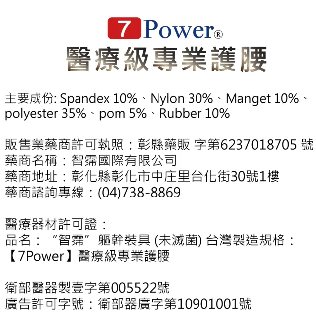 【7Power】醫療級專業護腰1入(20顆磁石/穩定保護腰部活動/MIT台灣製造)