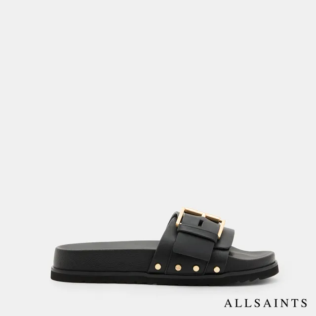 【ALLSAINTS】ELLIE 鉚釘牛皮拖鞋-黑 W029FA(女款)