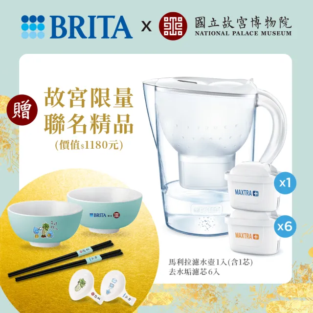 【BRITA】官方直營 故宮聯名百財好水濾水壺白色14件組(共1壺7芯+2碗+2入筷架+2雙筷子)