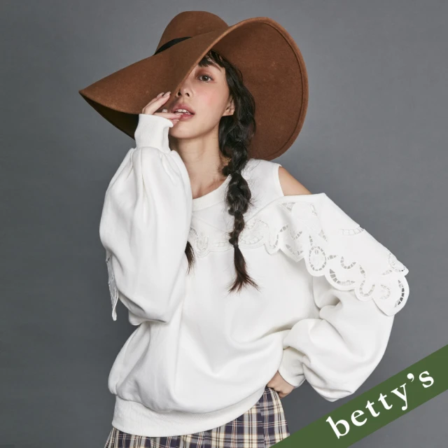 betty’s 貝蒂思 對稱造型鏤空蕾絲露肩T-shirt(白色)