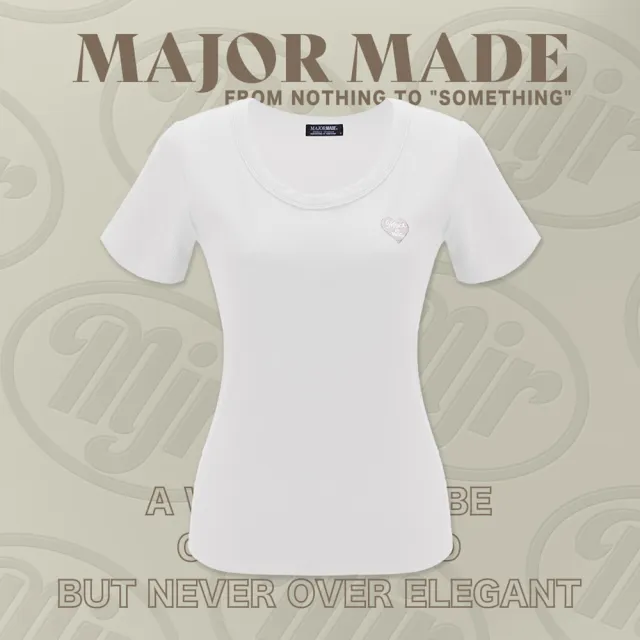 【MAJOR MADE】圓領包邊愛心刺繡彈力短T(短袖上衣/短T/素T)