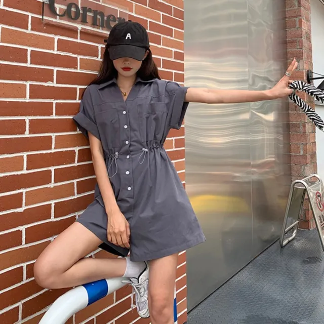 【D.studio】韓版收腰顯工裝套裝(連衣裙寬褲連身衣襯衫短袖上衣 工作服衣服工裝服夏天女裝短褲 S197)