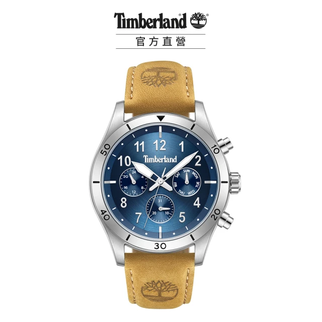 Timberland 男錶ASHMONT系列 大陽紋多功能腕錶 皮帶-藍/小麥色44mm(TDWGF0054701)