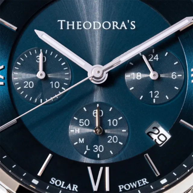 【THEODORA’S 希奧朵拉】神力女超人太陽能夜光手錶 銀藍面-真皮銀藍(太陽能手錶 真三眼 日期顯示 石英錶)