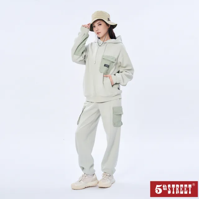 【5th STREET】男裝異材質貼袋長袖帽T-淺綠(山形系列)