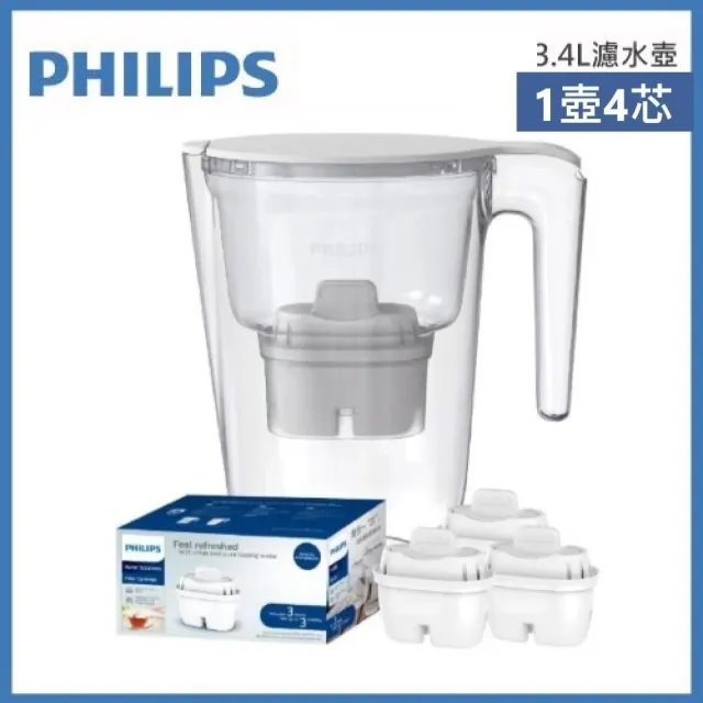 【Philips 飛利浦】AWP2937長效超濾濾水壺3.4L 內含1芯+濾心三入AWP211(無計時器)