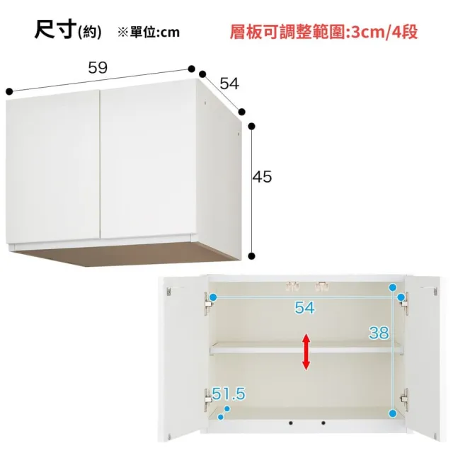 【NITORI 宜得利家居】◎耐震機能 衣櫥 附上櫃 PORTE-D 60BC 60U WH(耐震機能 衣櫥 上櫃 PORTE)