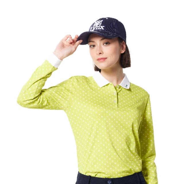 【Lynx Golf】女款吸濕排汗滿版Lynx字樣排列羅紋領繡花造型長袖POLO衫/高爾夫球衫(果綠色)