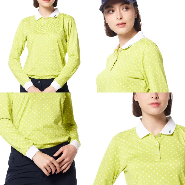 【Lynx Golf】女款吸濕排汗滿版Lynx字樣排列羅紋領繡花造型長袖POLO衫/高爾夫球衫(果綠色)