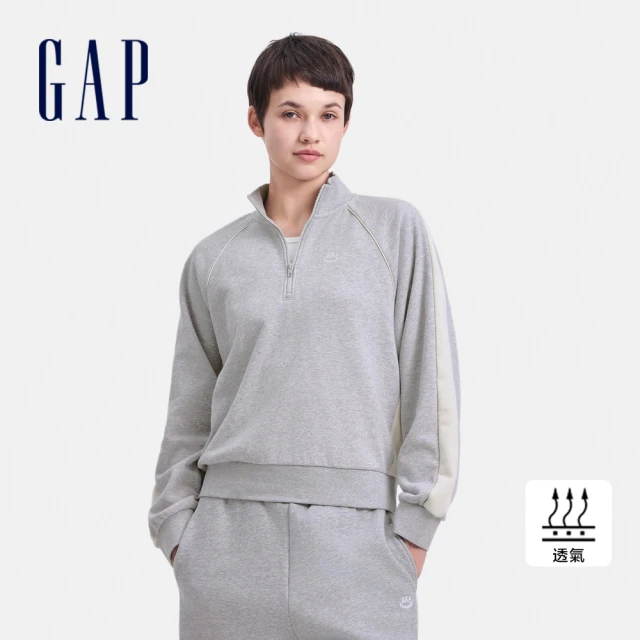 GAP 女裝 Logo刺繡翻領長袖上衣 碳素軟磨法式圈織系列-淺灰色(636720)