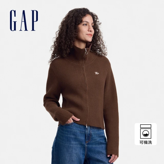 GAP 女裝 Logo刺繡翻領長袖針織衫-棕色(637652)