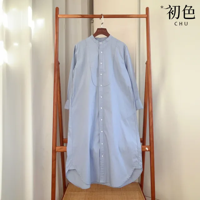 【初色】文藝風寬鬆立領長袖襯衫T恤上衣女上衣-藍色-37013(M-3XL可選)