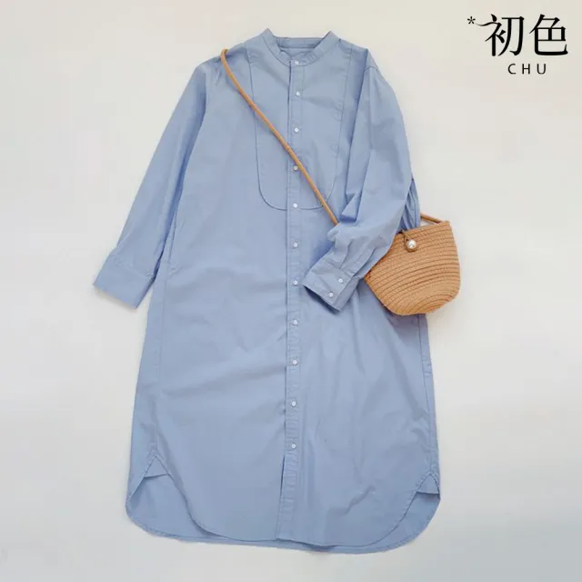【初色】文藝風寬鬆立領長袖襯衫T恤上衣女上衣-藍色-37013(M-3XL可選)
