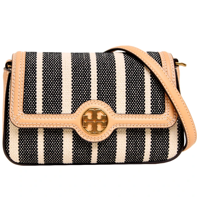 TORY BURCH 專櫃款經典LOGO外縫線帆布肩背斜背兩用包(米棕色/黑色)