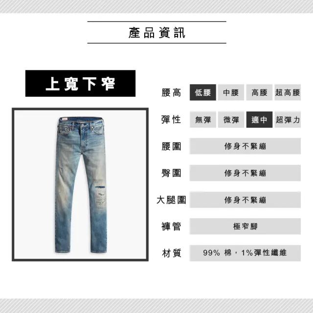 【LEVIS 官方旗艦】男 上寬下窄 512低腰修身窄管牛仔褲/作舊水洗X補丁破壞/彈性布料 熱賣單品 28833-1163