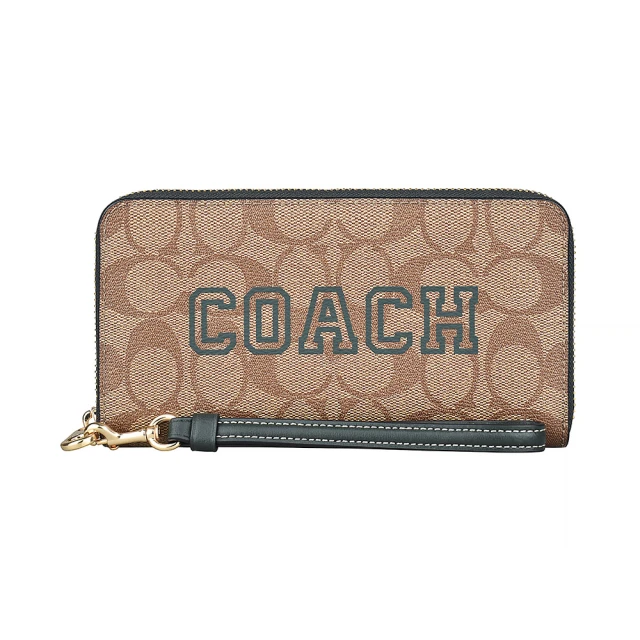 COACH COACH Varsity LOGO拉鍊12卡PVC長夾(卡其x亞馬遜綠)