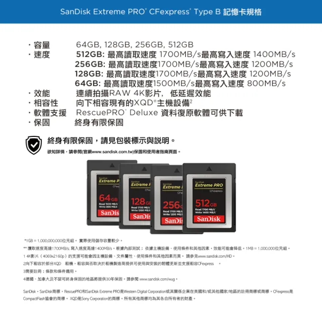 【SanDisk 晟碟】專業超極速 512GB ExtremePro Cfexpress Card Type B(極速1700MB/秒 原廠有限永久保固)