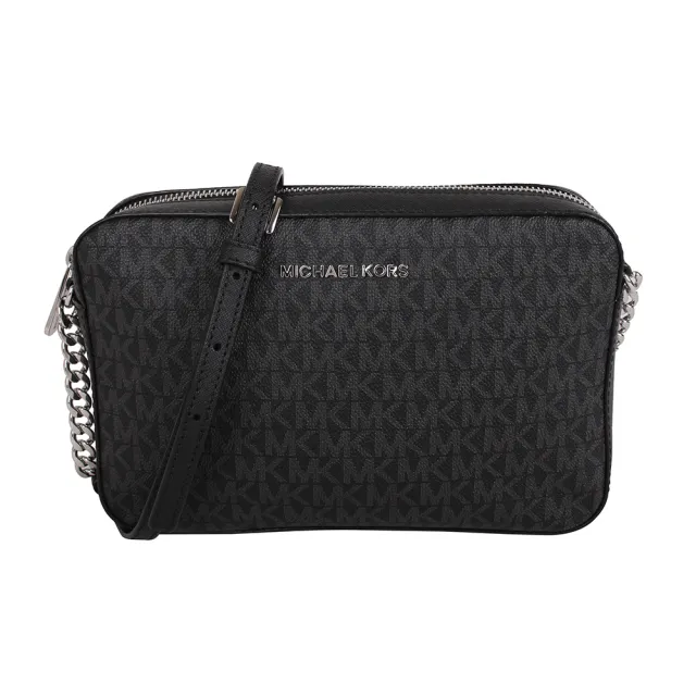 【Michael Kors】銀字滿版防刮LOGO拉鍊斜背方包(黑灰)