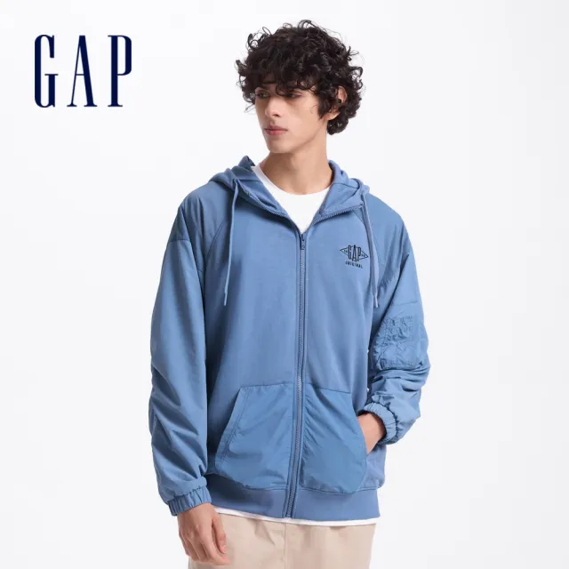 【GAP】男裝 Logo純棉刺繡連帽外套-藍色(637175)