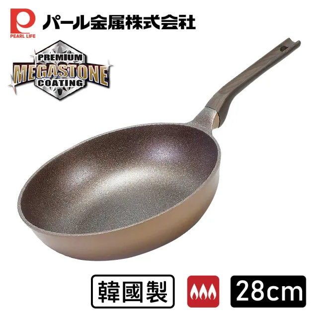 【Pearl Life 珍珠金屬】韓國製MEGASTONE百萬耐磨輕量鑄造不沾深炒鍋 28cm(可用鐵鏟 握把可放長筷)