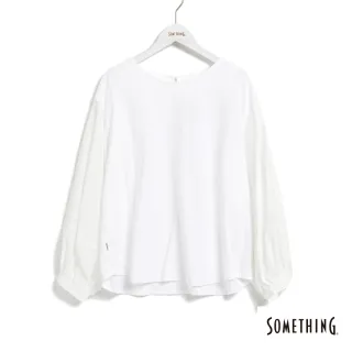 【SOMETHING】女裝 異材質泡泡袖薄長袖T恤(白色)
