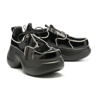 【MISS 21】復古少女率性撞色亮感綁帶大頭超厚厚厚底鞋(黑)