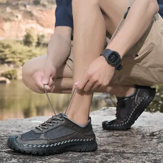 【MINE】真皮休閒鞋 戶外休閒鞋/真皮透氣網面拼接防滑透氣機能戶外休閒鞋-男鞋(灰)