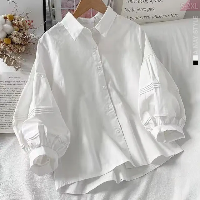 【艾美時尚】中大尺碼女裝 上衣 日韓設計質感造型燈籠袖襯衫。S-2XL(2色.預購)