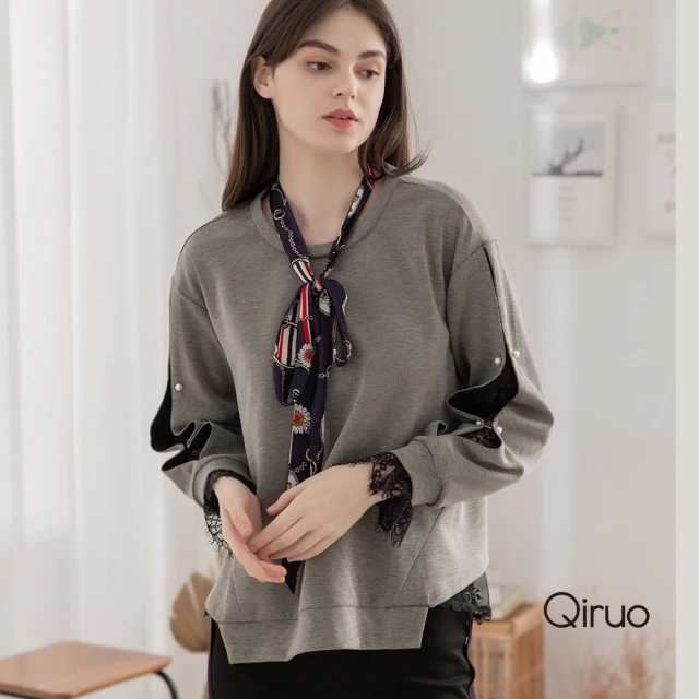 Qiruo 奇若名品 秋冬專櫃灰色上衣3330A 蝴蝶結造型(M-2XL)