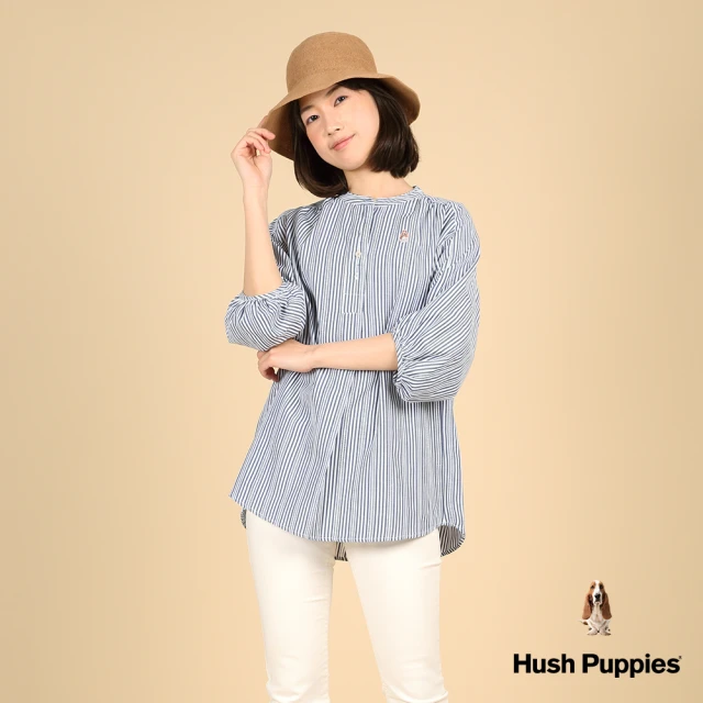 Hush Puppies 女裝 襯衫知性直條紋緹花泡泡袖寬鬆長版襯衫(丈青 / 44212501)