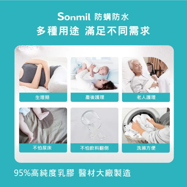 【sonmil】防蹣防水95%高純度乳膠床墊3尺5cm單人床墊 吸濕排汗透氣(頂級先進醫材大廠)