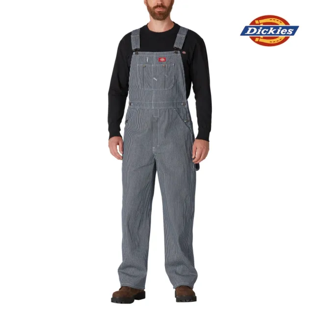 【Dickies】男款藍白條紋純棉工裝多口袋設計吊帶長褲｜DK011786A40