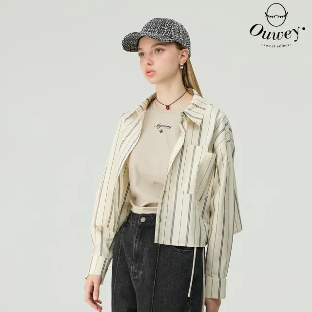 【OUWEY 歐薇】條紋棉質短版襯衫(杏;S-L;3243231502)