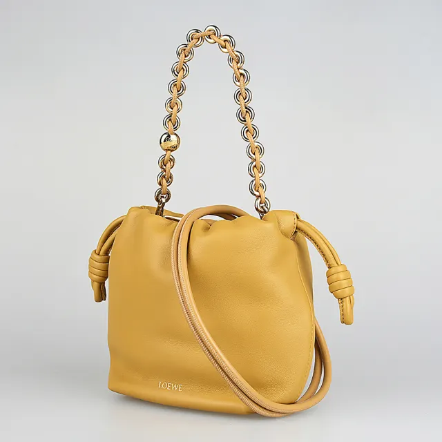 【LOEWE 羅威】LOEWE Flamenco Purse燙金LOGO小羊皮鏈帶手提肩背斜背束口包(迷你/沙漠棕)