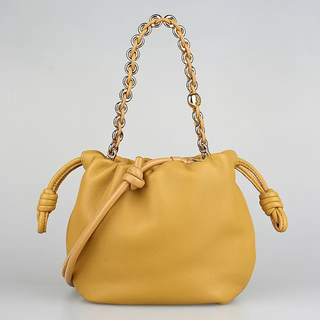 【LOEWE 羅威】LOEWE Flamenco Purse燙金LOGO小羊皮鏈帶手提肩背斜背束口包(迷你/沙漠棕)