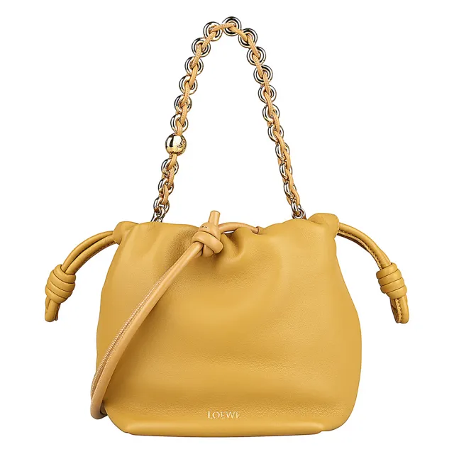 【LOEWE 羅威】LOEWE Flamenco Purse燙金LOGO小羊皮鏈帶手提肩背斜背束口包(迷你/沙漠棕)