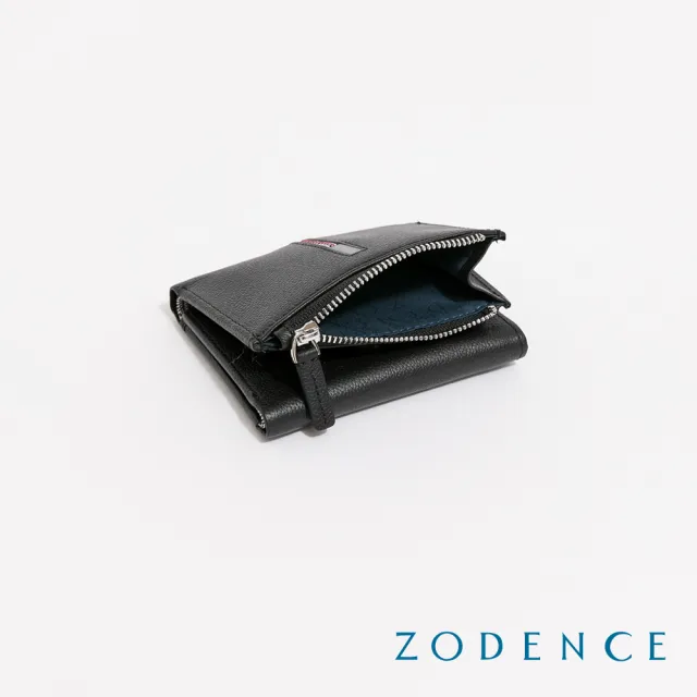 【ZODENCE 佐登司】KIRK進口真皮格紋4卡直式零錢袋三折短夾(黑)