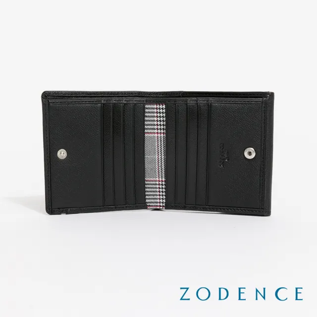 【ZODENCE 佐登司】KIRK進口真皮格紋8卡零錢袋短夾(黑)