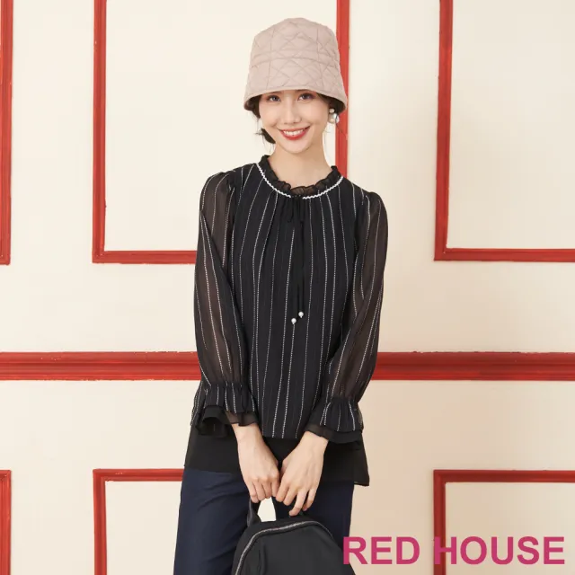 【RED HOUSE 蕾赫斯】蝴蝶結荷葉領直條紋上衣(黑色)