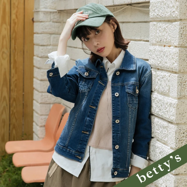 betty’s 貝蒂思 刷色壓線顯瘦七分袖牛仔外套(深藍)