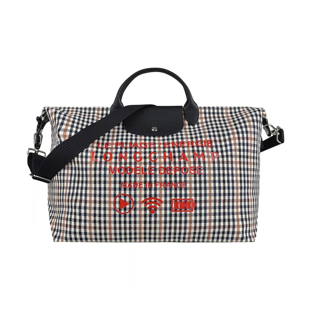 LONGCHAMP LONGCHAMP LE PLIAGE LOGO拉鍊千鳥格紋搭圖示帆布手提斜背旅行包(大/多彩)